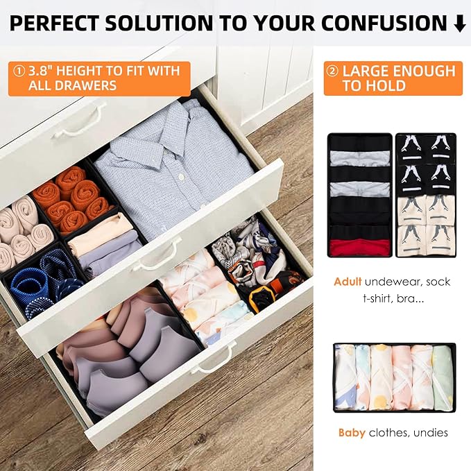 Criusia Closet Drawer Organizer Clothes, 15 Pack Dresser Organizer for Baby Clothes, Fabric Drawer Dividers for Nursery Bedroom (Black)