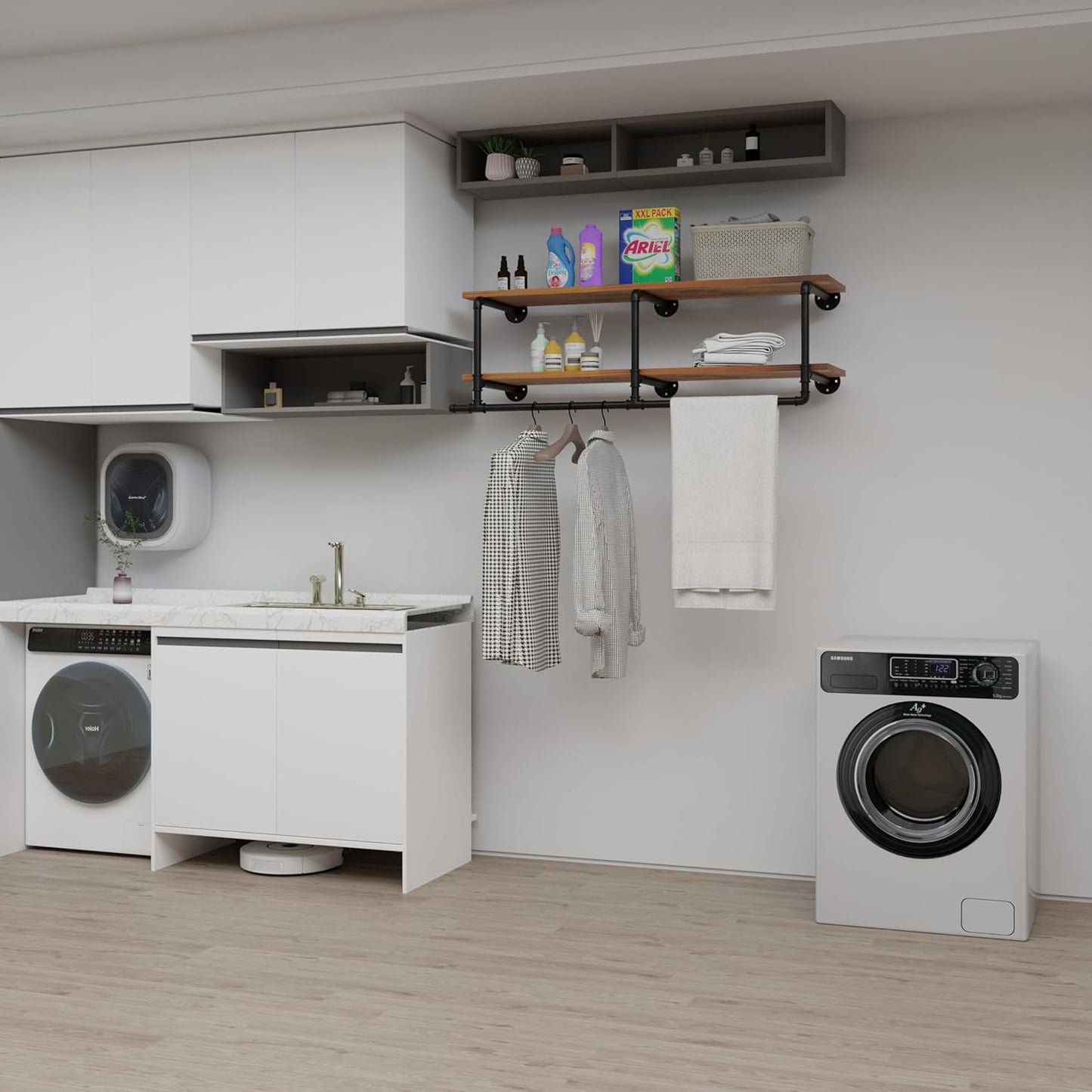 Wall Mounted Clothes Rack 12 Inch Deep, 48 Inch Heavy Duty Garment Rack with Real Brown Wood Shelf, Multi-Purpose Hanging Rod & Space-Saving Closet Storage Organizer