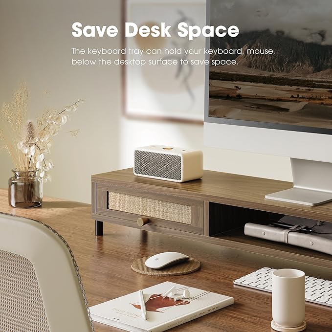 Fenge Dual Monitor Stand for Desk - Long Wooden Riser With Rattan Woven Drawer, 2 Tier Desk Shelf for 2 Monitors, Vintage Computer Stand for Laptop, Printer, TV