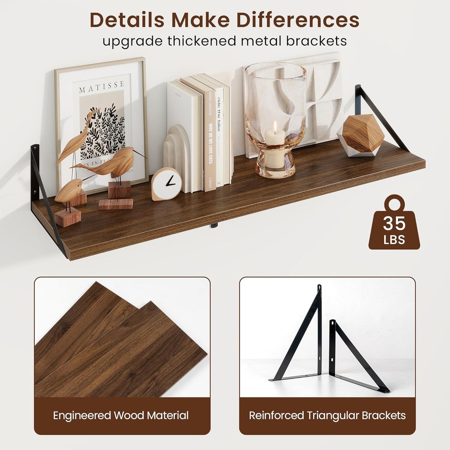 Axeman Deep Floating Shelves for Wall - 36 Inch Wide x 10 Inch Deep Floating Shelves Set of 2 -Walnut Wide Wall Shelves for Living Room Bathroom Bedroom