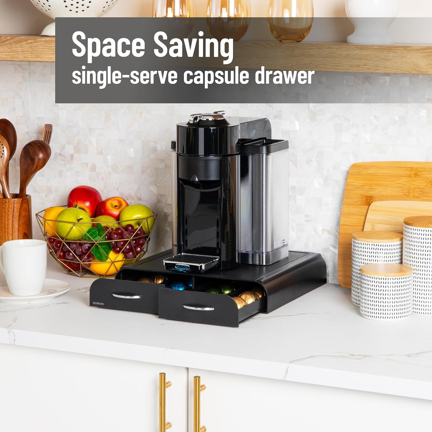Mind Reader Single Serve Coffee Pod Organizer with 2 Drawers, Compatible with 18 Vertuoline (7.77 fl oz) or 72 Original Nespresso (1.35 fl oz) capsules, Plastic, 13.25"L x 12.75"W x 2.5"H, Black