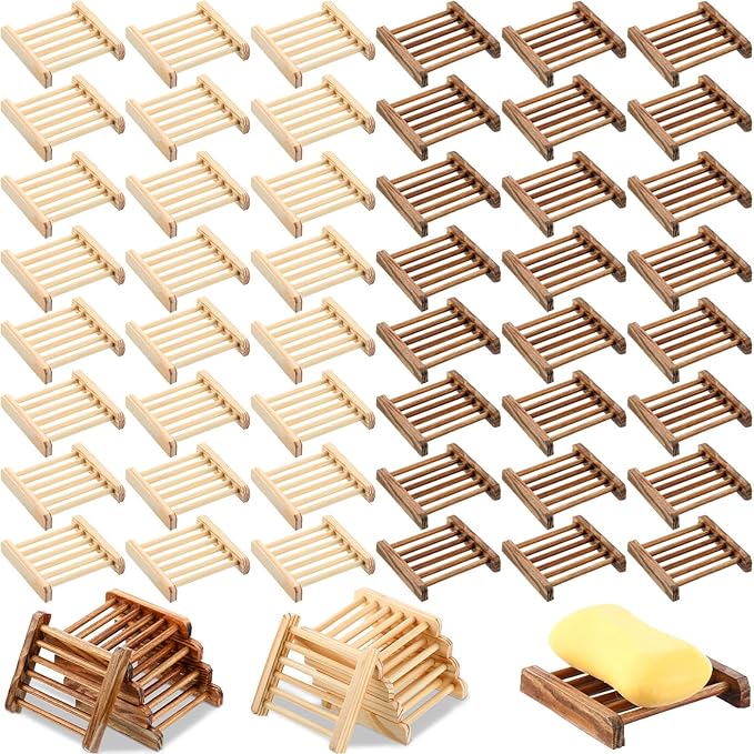 Amyhill 50 Pcs Bamboo Wood Soap Dish Bulk Bathroom Wooden Soap Holder Savers Self Draining Dishes Handcraft Tray, 3.3 x 3.3 x 0.67 Inch (Wood Color,Charcoal Color)