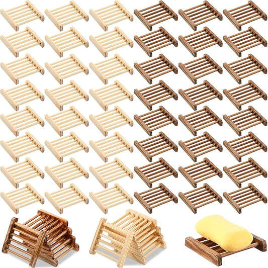 Amyhill 50 Pcs Bamboo Wood Soap Dish Bulk Bathroom Wooden Soap Holder Savers Self Draining Dishes Handcraft Tray, 3.3 x 3.3 x 0.67 Inch (Wood Color,Charcoal Color)