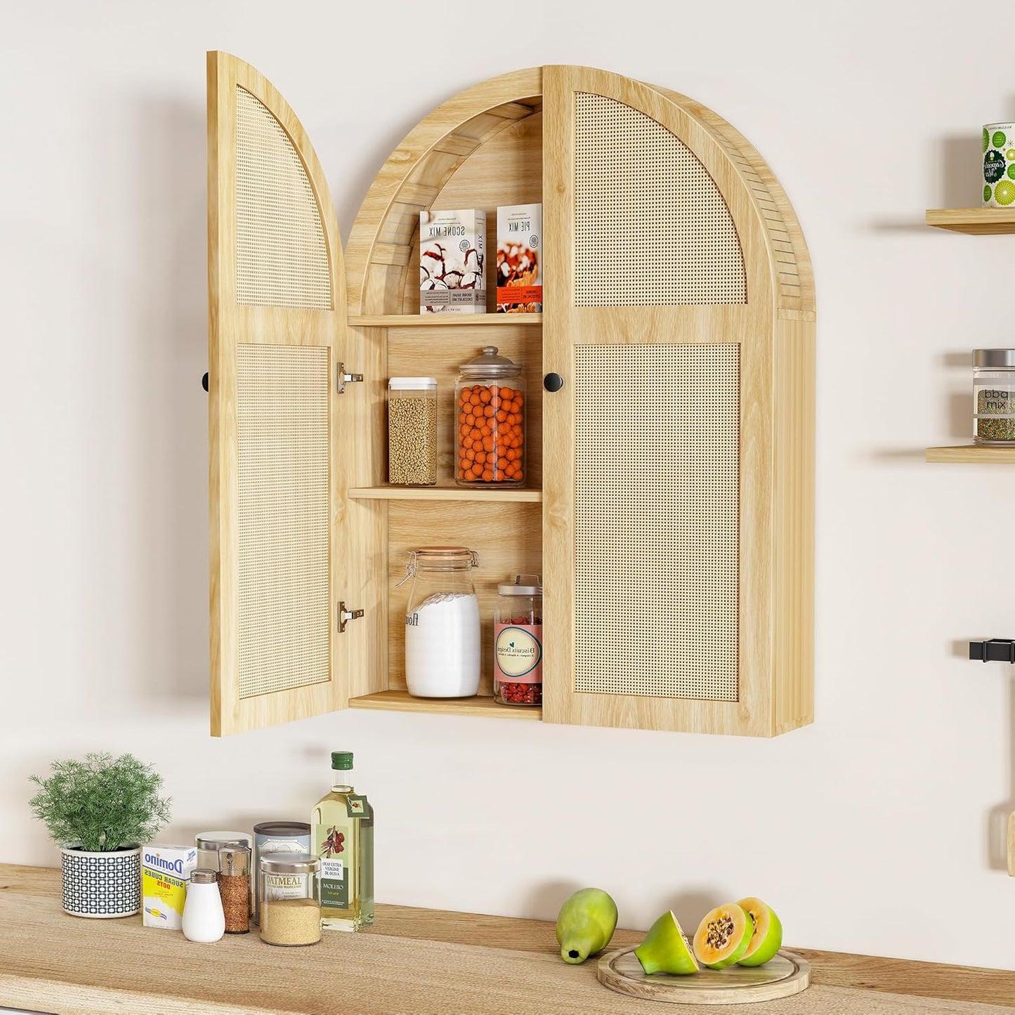 Turtle Myrtle Bathroom Medicine Cabinet Wall Mounted, Arched Wall Cabinet with Adjustable Shelf & Doors, Floating Cabinet for Wall Over The Toilet Storage Cabinet Space Saver,Natural