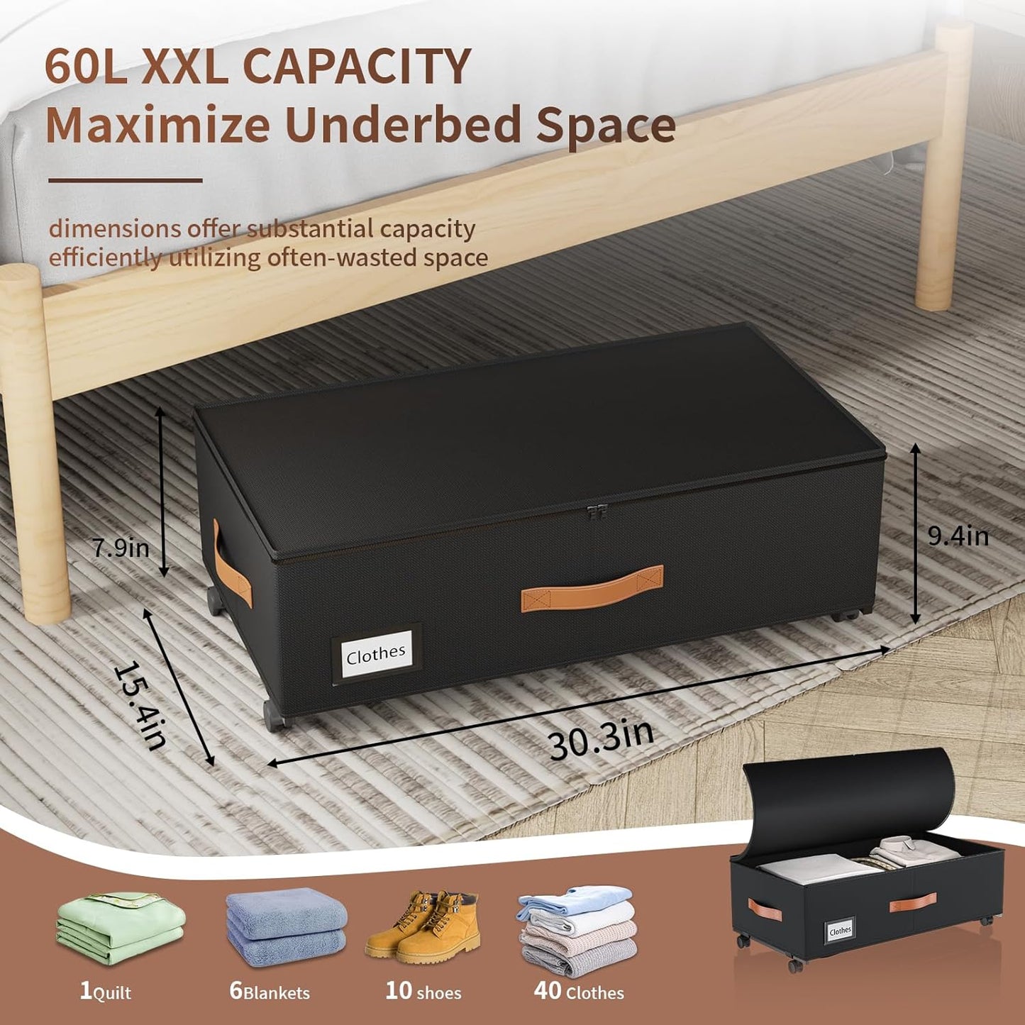 60L Under Bed Storage Bins with Wheels,2-Pack Rolling Organizers for Clothes, Shoes, Blankets & Toys,Space Saving Containers for Bedroom, Home, Dorm (9.5" High)