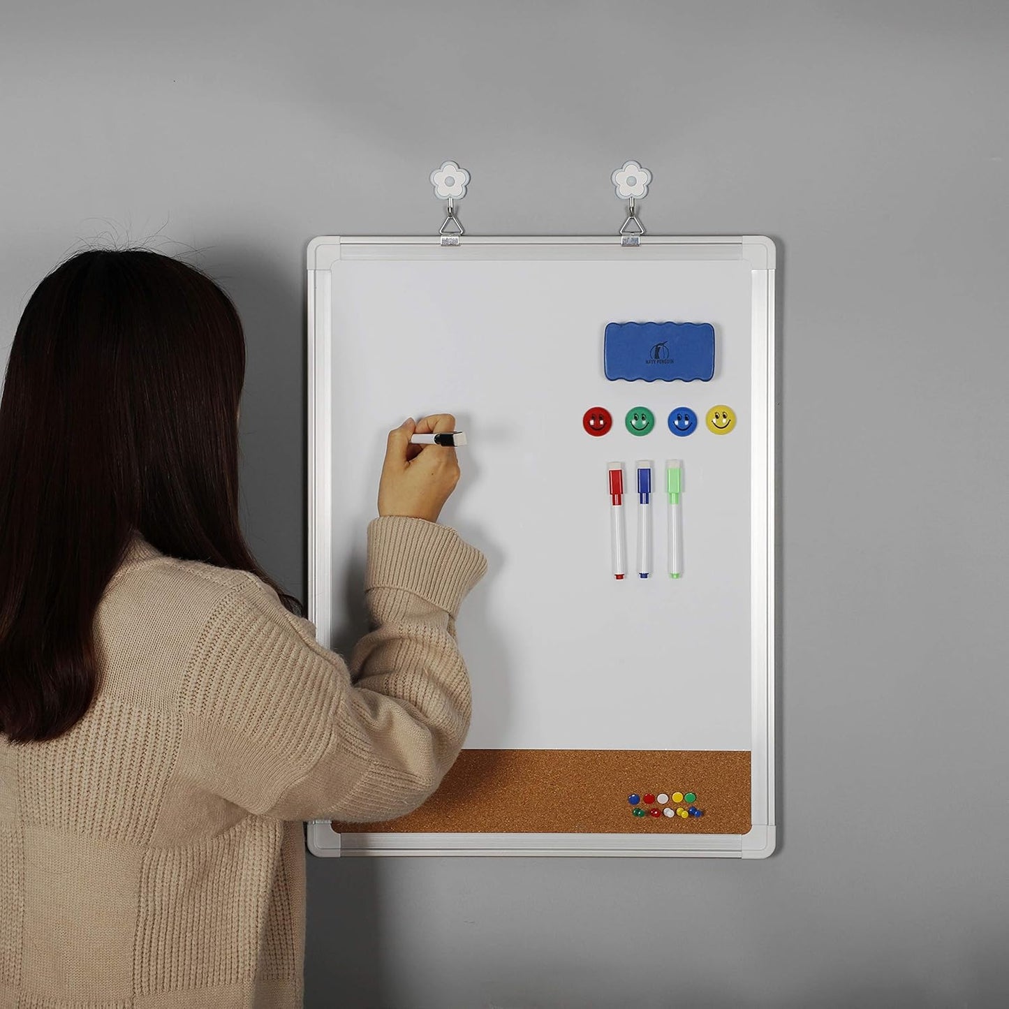 White Board Cork Board Combo - 18x24 in Dry Erase Board with Cork and 1 Magnetic Eraser, 4 Dry Wipe Markers, 4 Magnets and 10 Pins - Wall Hanging Whiteboard with Corkboard for Home and Office