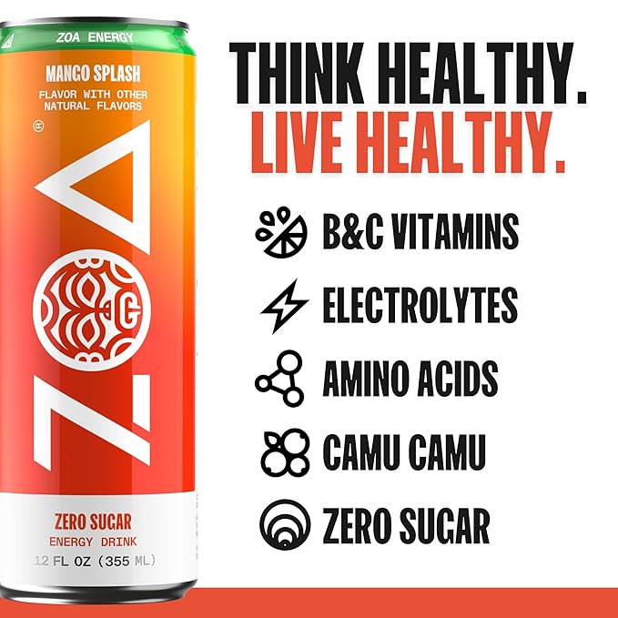ZOA Zero Sugar Energy Drinks, Mango Splash - Sugar Free with Electrolytes, Healthy Vitamin C, Amino Acids, Essential B-Vitamins, and Caffeine from Green Tea - 12 Fl Oz (Pack of 12)