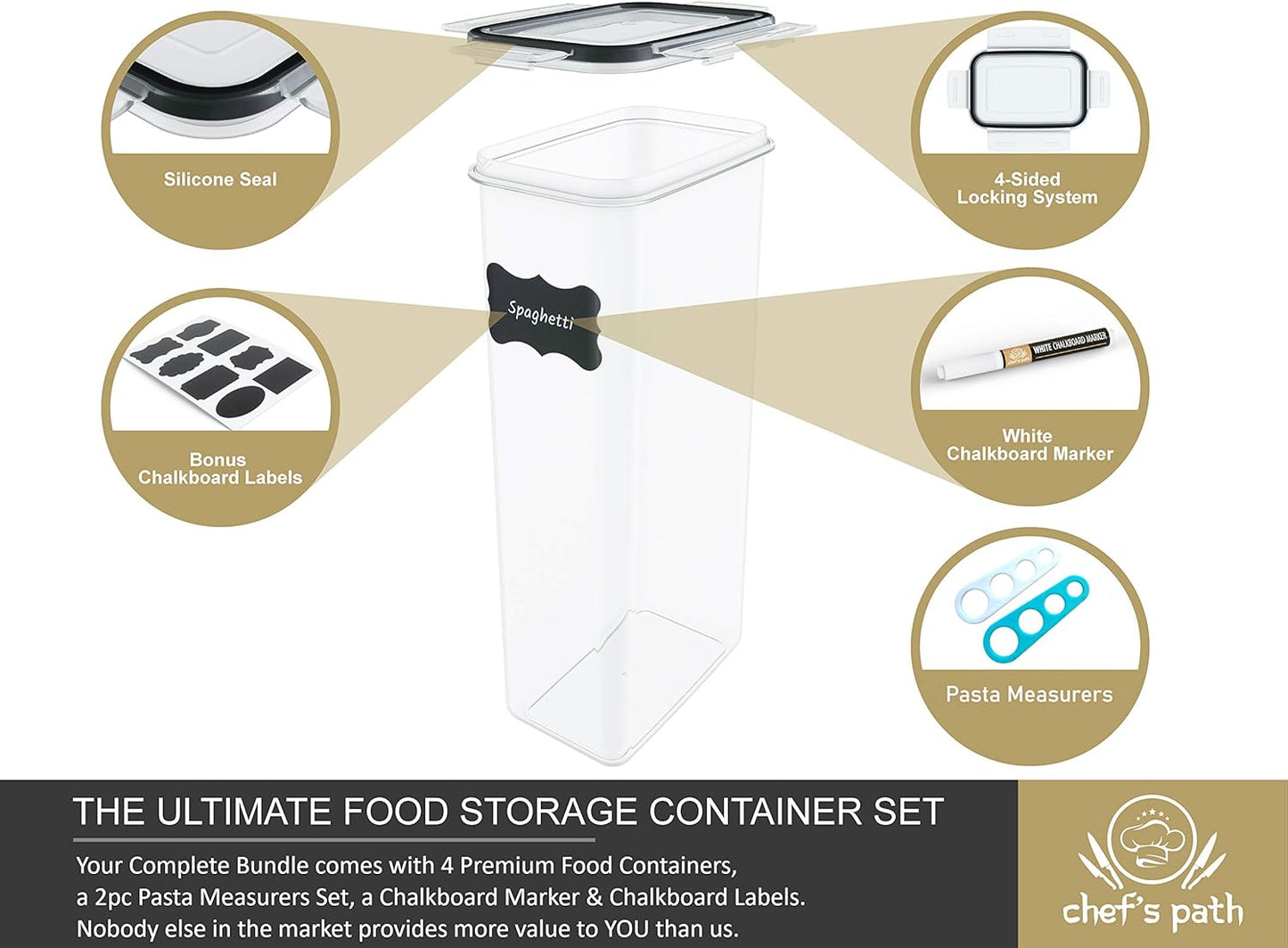 Chef's Path Airtight Food Storage Containers (Set of 4, 2.8L) - Tall for Pantry & Kitchen Organization, Pasta, Spaghetti, Noodles, Cereal - Lids, Noodle Measure and Reusable Labels Included