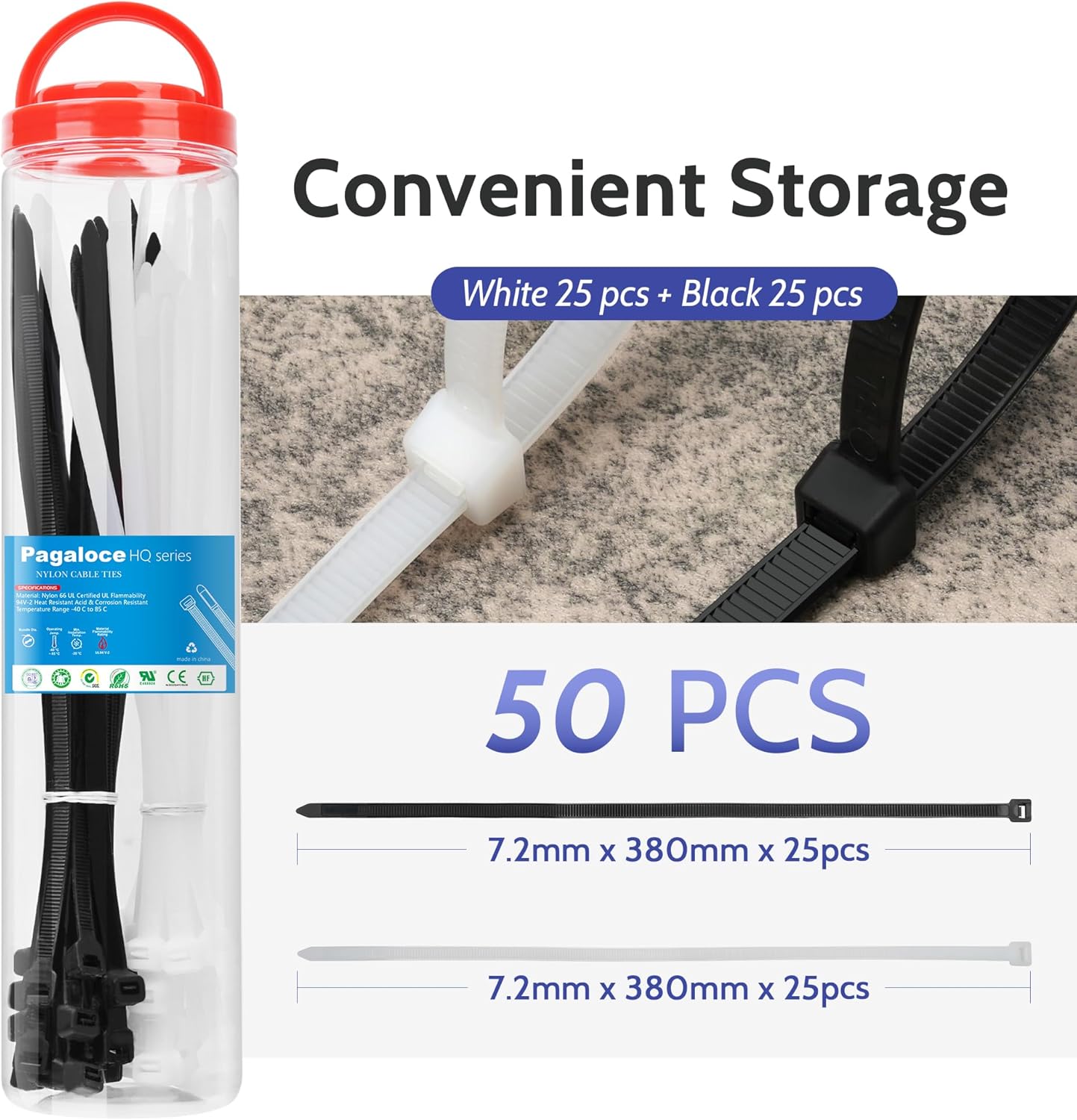50 Pack Zip Cable Ties (Black and White, Each 25pcs), 14 Inch Self-Locking Nylon Zip Ties, Cable Cord Management, Plastic Wire Ties, Size: 7.2mm*380mm, UV Resistant, UL Listed, for Indoor and Outdoor