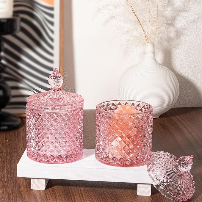 rejomiik 2 Pack Qtip Holder Thick Glass Apothecary Jars with Lid for Bathroom Decor Storage Organizer for Cotton Swabs, Balls, Pads, Floss Picks, Candy, Jewelry, Pink