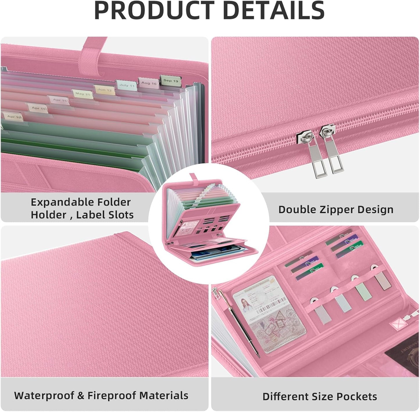 Fireproof Accordion File Organizer, Portable Expanding File Folder with Waterproof Zipper&Labels, Pink Document Organizer with 13 Pockets, File Organizer for Important Document/Paper Storage