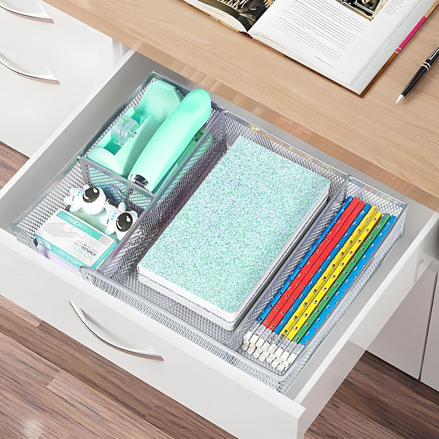 Green Office Desk Accessories, Green Office Supplies Set, Desk Drawer Organizer,Stapler and Tape Dispenser Set,Tape,Staple Remover, Staples, Paper Clips, Scissor and Sticky Note