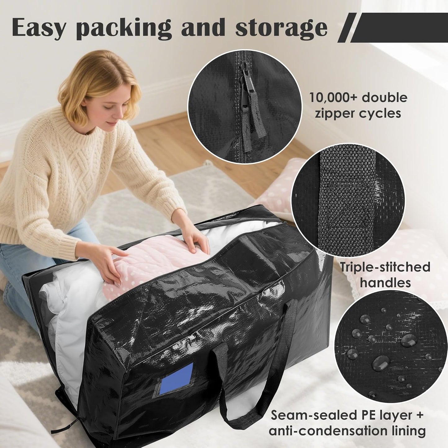12 Pack Extra Large Heavy Duty Moving Bags with Reinforced Zipper & Wide Handles, Moisture-Resistant Storage Bins Packing Cubes for Clothes, College Dorm, Travel, and Home Organization, Black