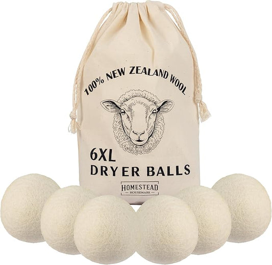 XL Wool Dryer Balls 6-Pack – 100% New Zealand Wool, Natural Fabric Softener & Static Reducer, Reusable Laundry Balls for Pet Hair, Eco-Friendly Dryer Sheets Alternative