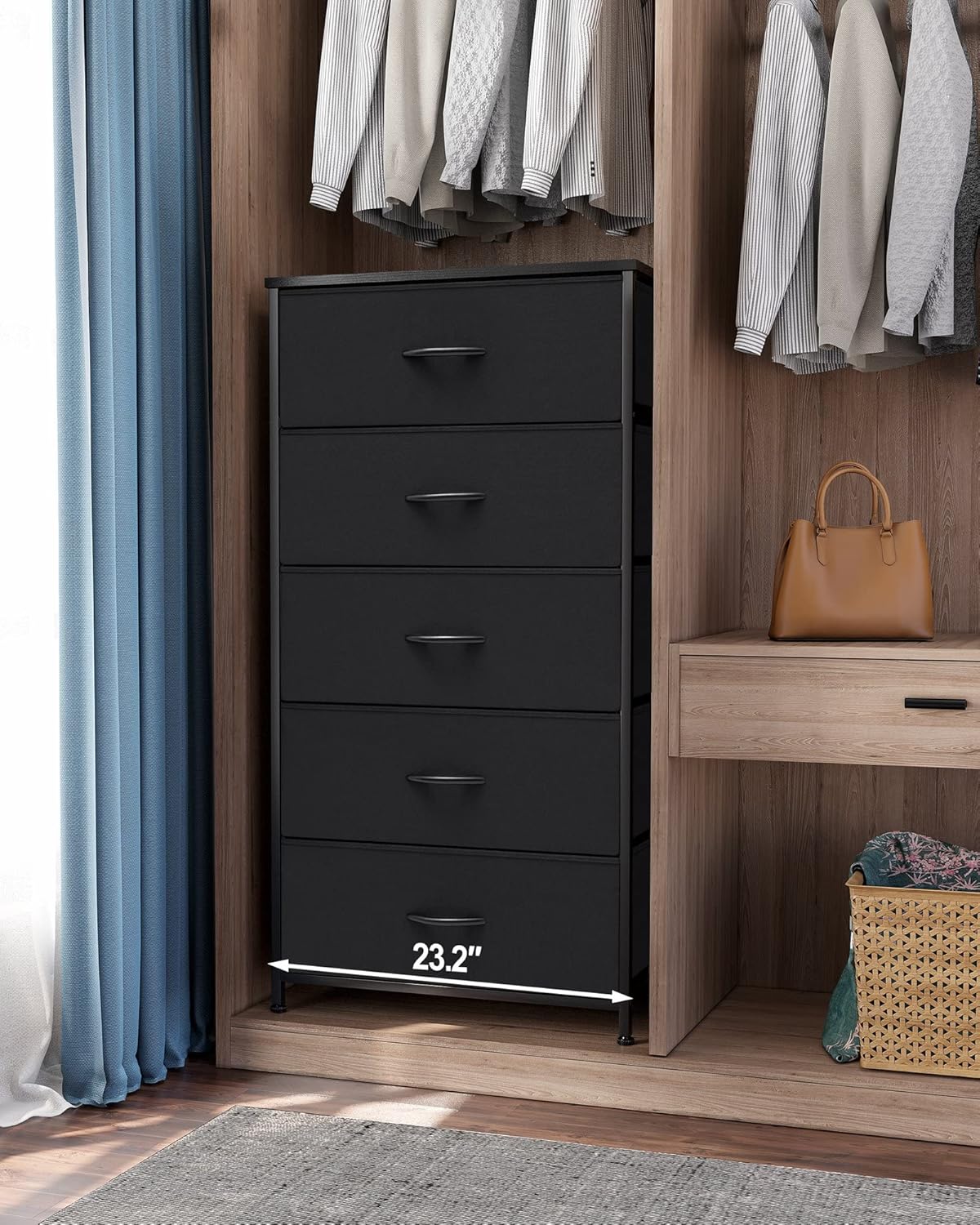 Crestlive Products Vertical Dresser Storage Tower - Sturdy Steel Frame, Wood Top, Easy Pull Fabric Bins - Wide Organizer Unit for Bedroom, Hallway, Entryway, Closets - 5 Drawers(Black)
