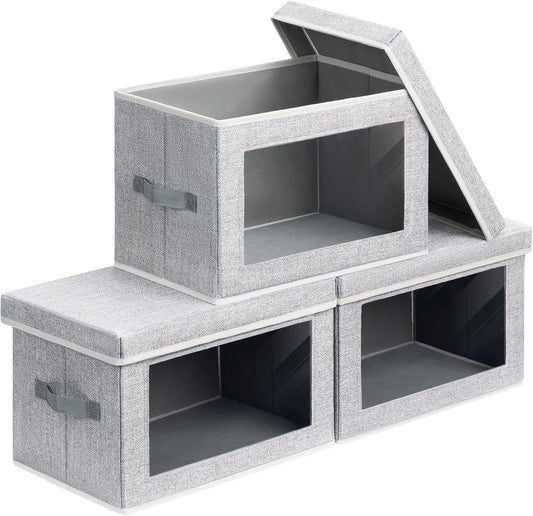 Storage Boxes with Lids - 3 Pack Fabric Clear Window Storage Bins, Collapsible Storage Bins with Lids, Linen Closet Organizer for Clothes, Towel, Blanket, Light Grey