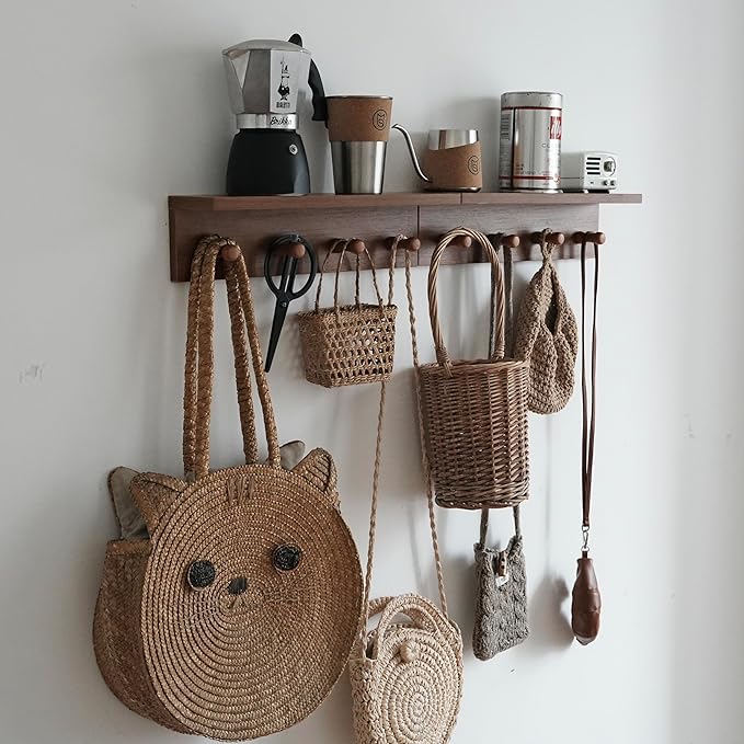 Entrance Coat Rack ，Coat Hooks, Wall-Mounted Wooden Hook Rack, Wall-Mounted Shelves are Very Suitable (2PC-Teak Colored Veneer)