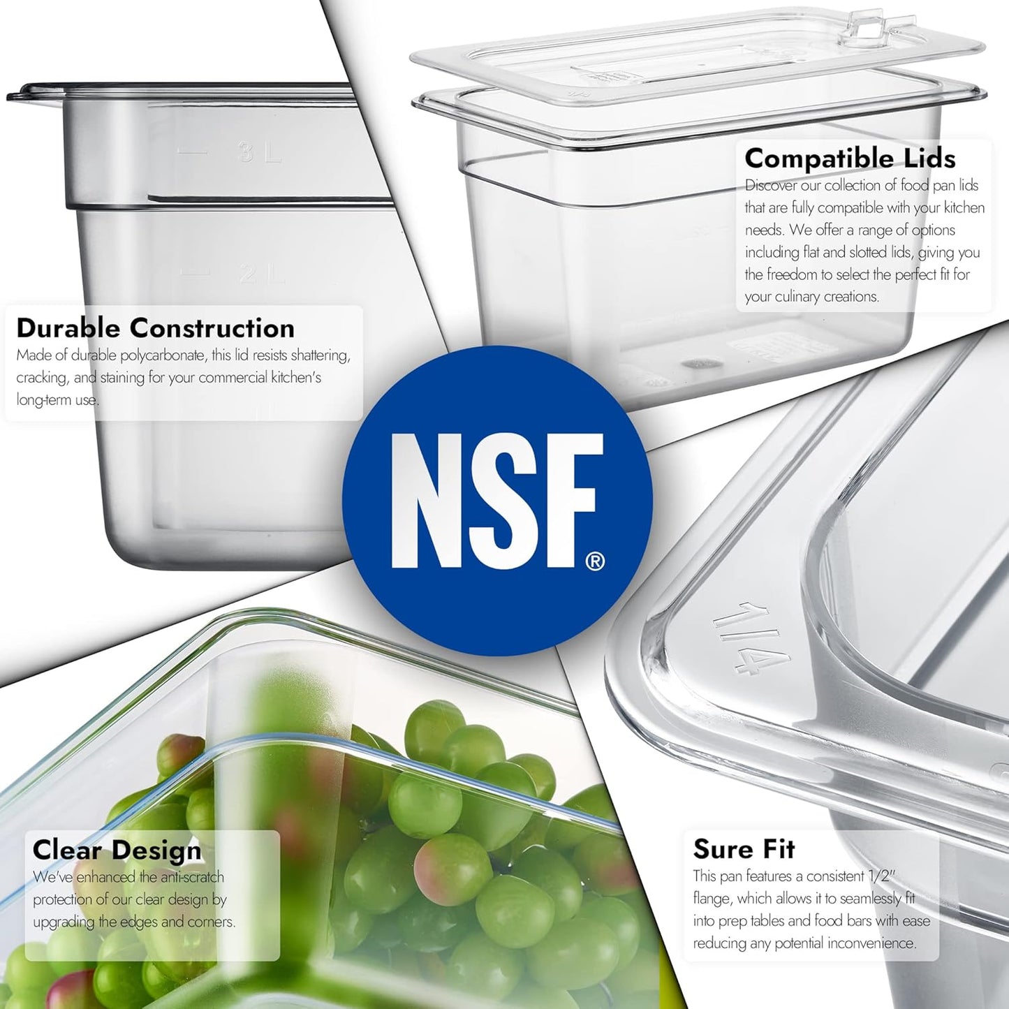 CURTA 6 Pack NSF Food Pans, 1/4 Size 6 Inch Deep, Commercial Polycarbonate Plastic Clear Freezer-Safe