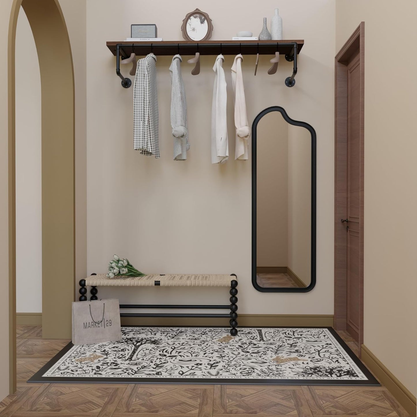 Clothes Rack 48in, Wall Mounted Garment Racks with Real Walnut Wood Shelf, Heavy Duty Hanging Clothes Rack, Multi-Purpose Hanging Rod, Space-Saving Closet Storage