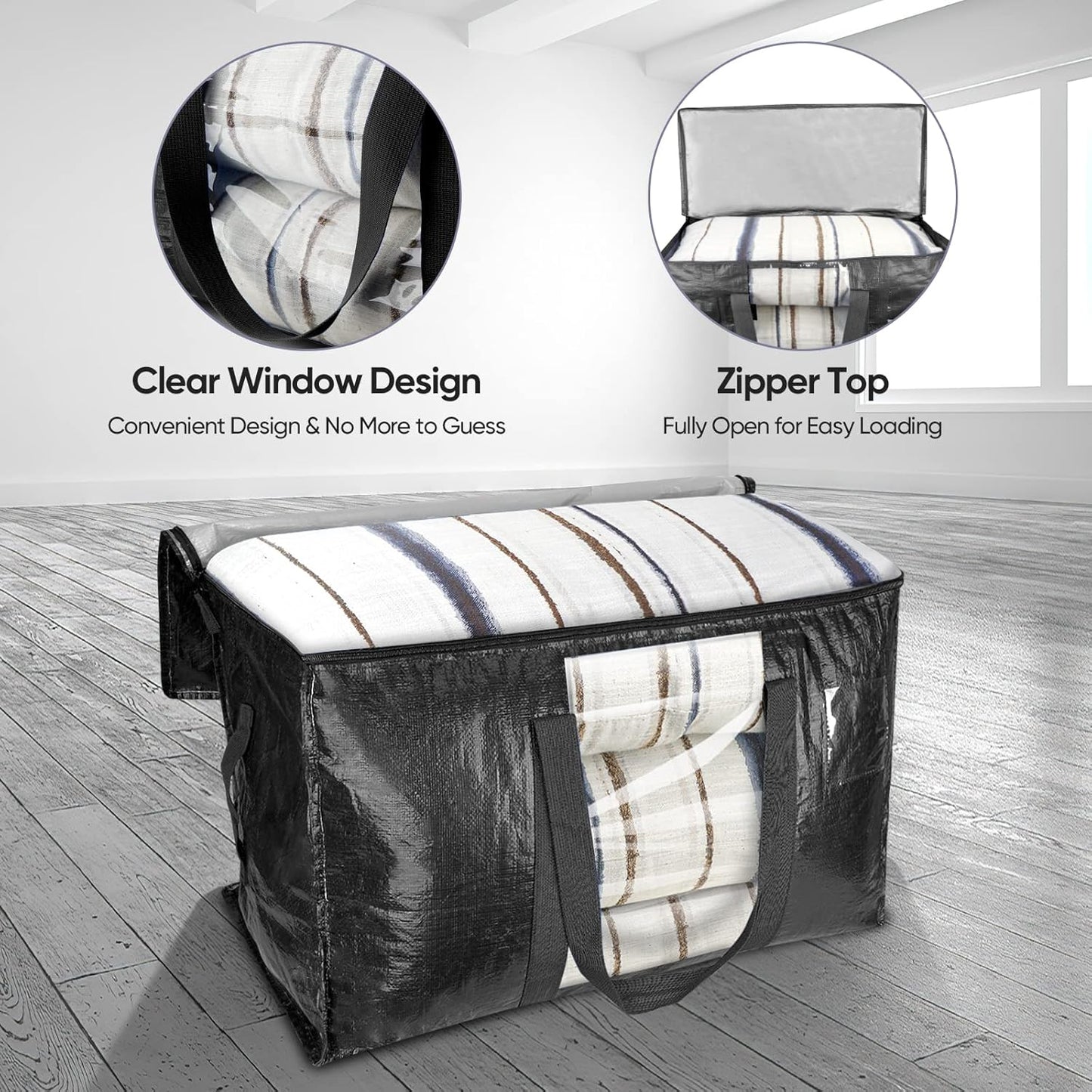 BALEINE 6-Pack Oversized Moving Bags with Reinforced Handles, Heavy-Duty Storage Tote Moving Supplies for Packaging, Camping (Black w/Window, 6-Pack)