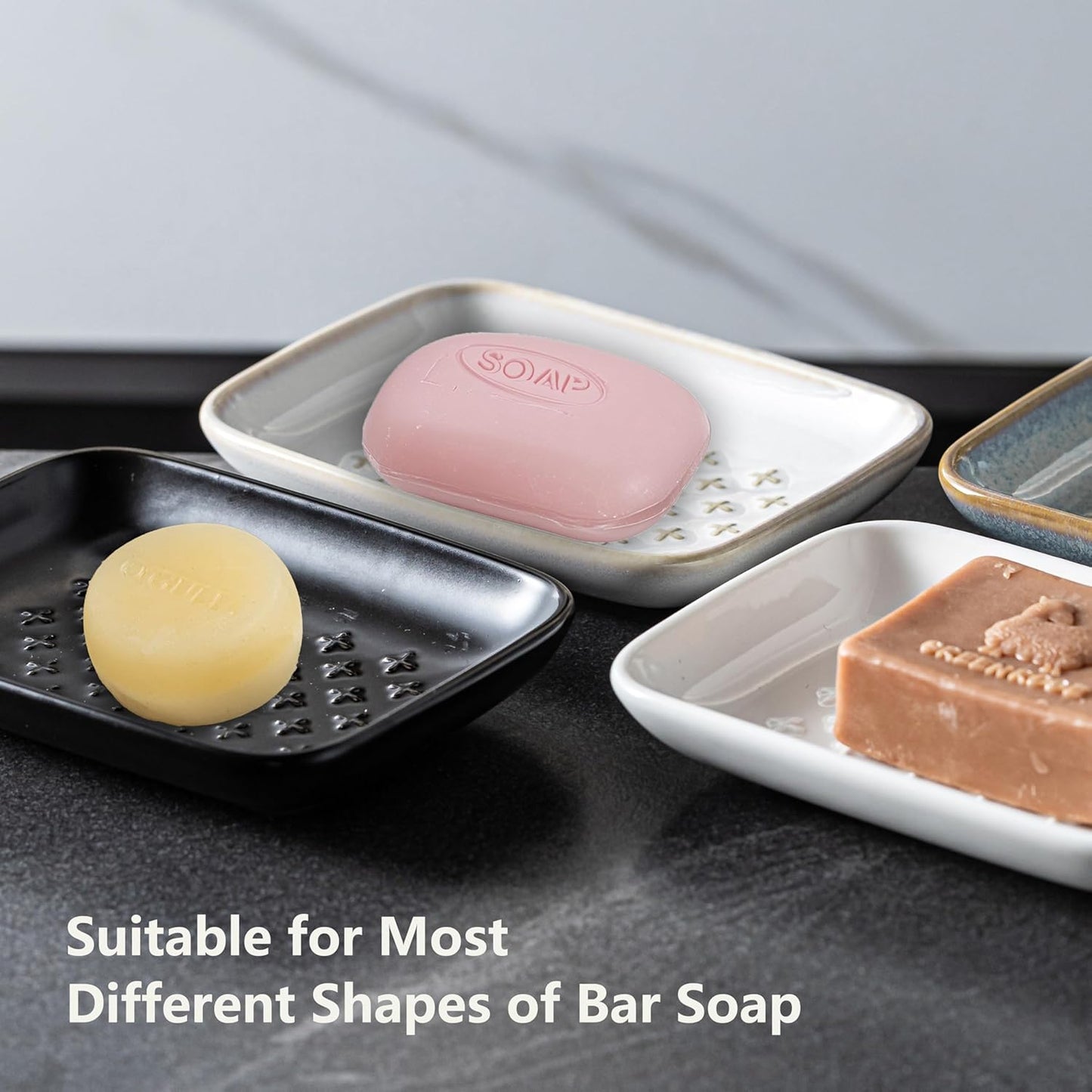 Gomakren Soap Dish, Shower Soap Holder, Ceramic Soap Dishes for Bar Soap Sponge Shampoo, Christmas Soap Saver Tray for Bathroom Kitchen Sink Counter, 5.5 Inch, Black