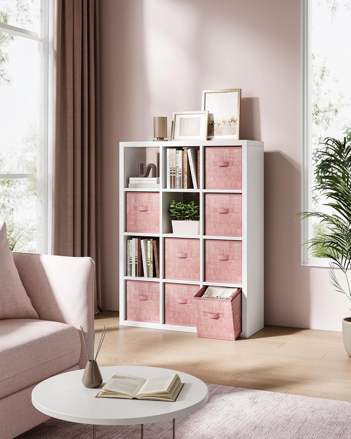 SONGMICS Storage Cubes, 10.2 x 10.2 x 11 Inches Non-Woven Fabric Bins with Double Handles, Set of 8, Closet Organizers for Shelves, Foldable, for Clothes, Jelly Pink UROB826R01