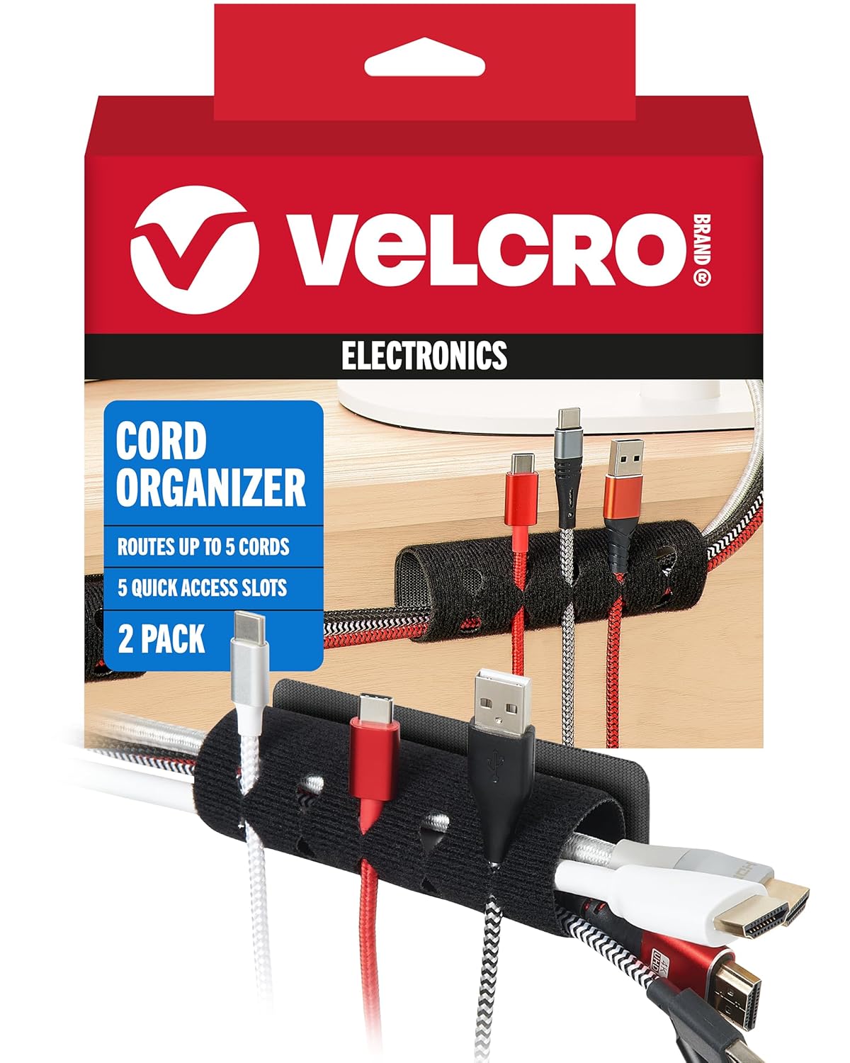 VELCRO Brand Cord Organizer for Desk & Nightstand, Stocking Stuffers for Adults, 5 Cable Slots with Sleeve Routing, Adhesive Wire Holder for Cord Management, Home, Office & Gaming, Black 2 Pack