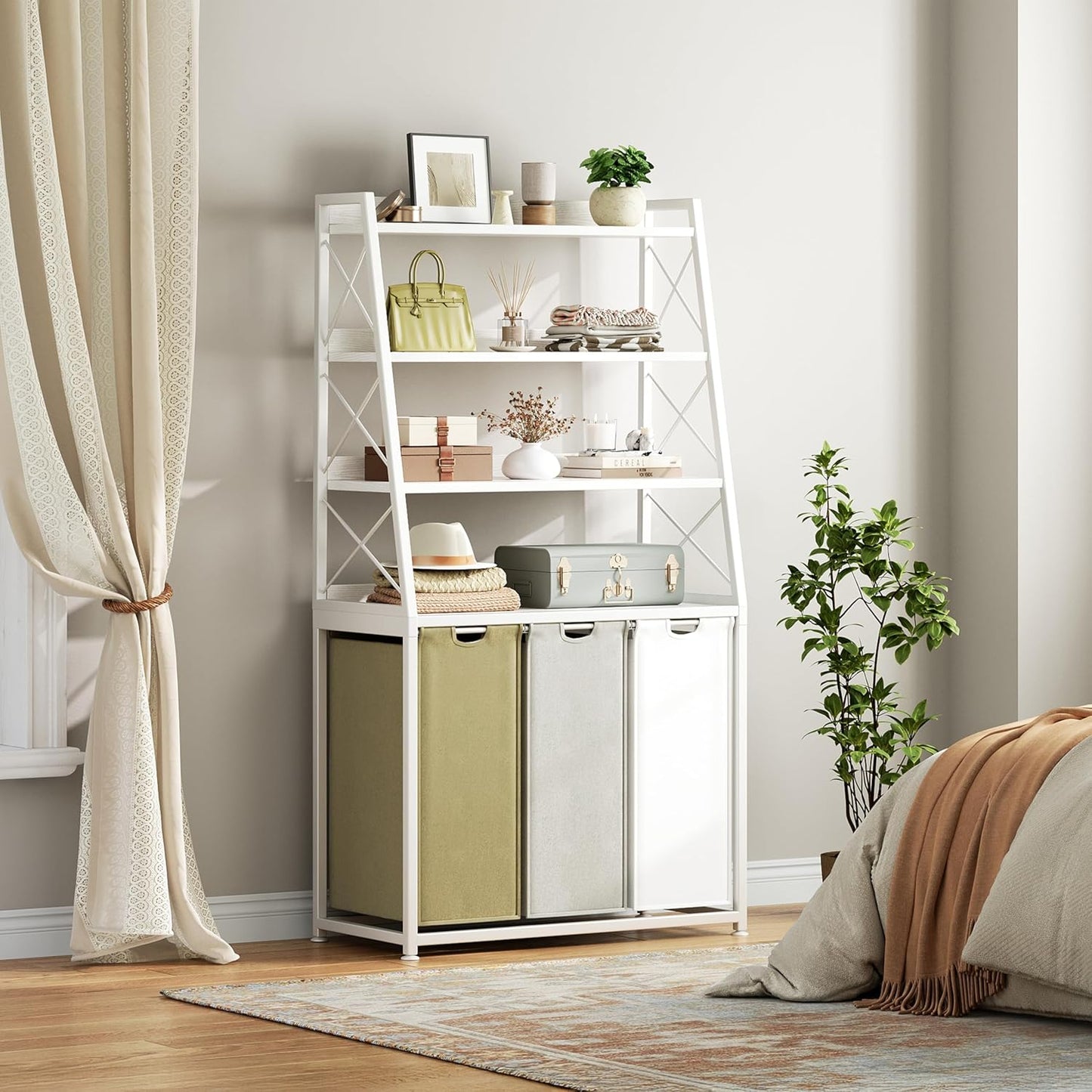 Laundry Basket, 3 Section Laundry Hamper with 4 Tiers Shelf, Pull-Out and Removable Laundry Bags, Large 3 x 15.87 Gallons, 3 Color Bags for Laundry Room Bathroom White PF05XLE