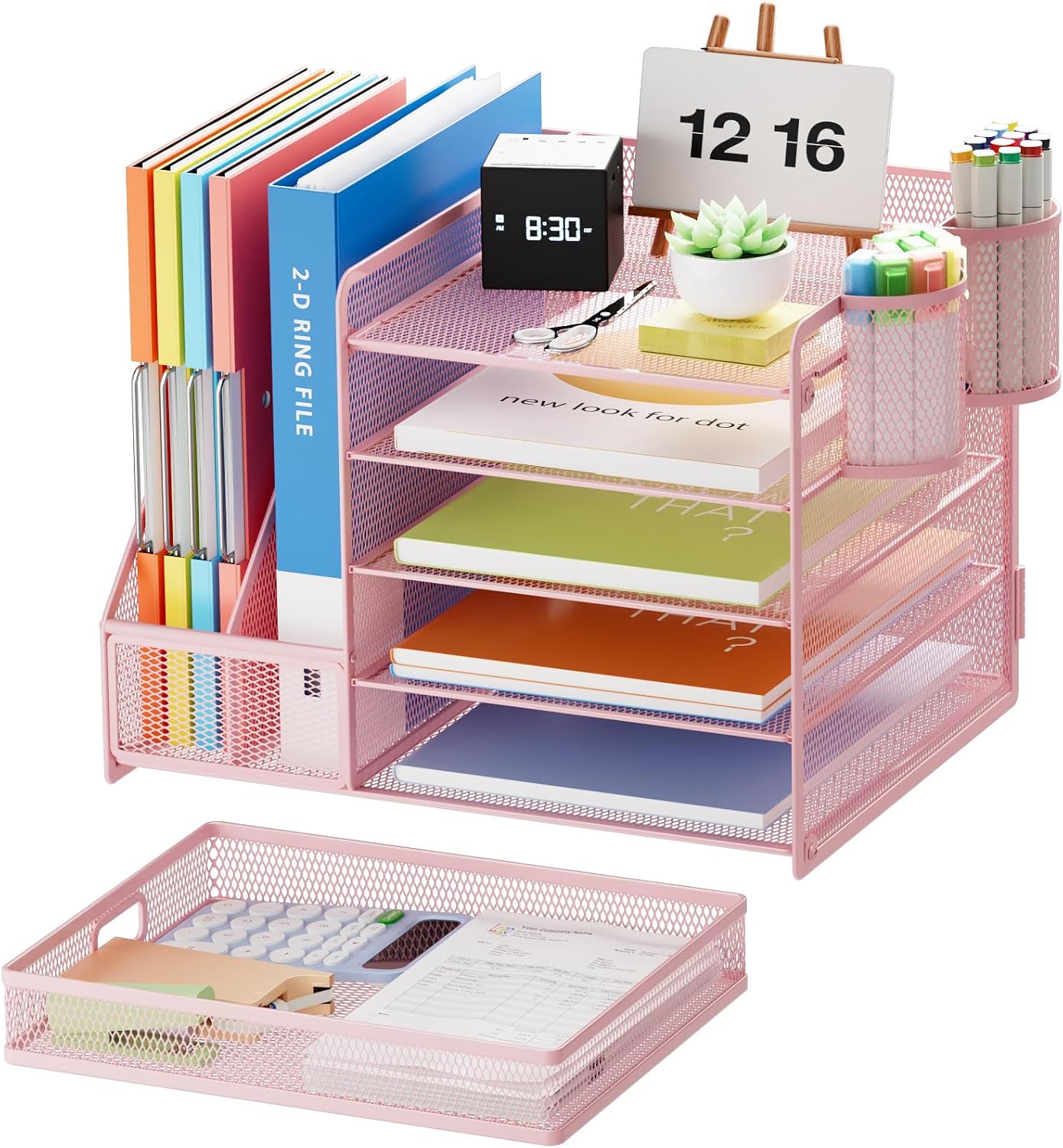 Marbrasse Desk Organizer with File Holder, 5-Tier Paper Letter Tray Organizer with Drawer and 2 Pen Holder, Mesh Desktop Organizer and Storage with Magazine Holder for Office Supplies(Pink)