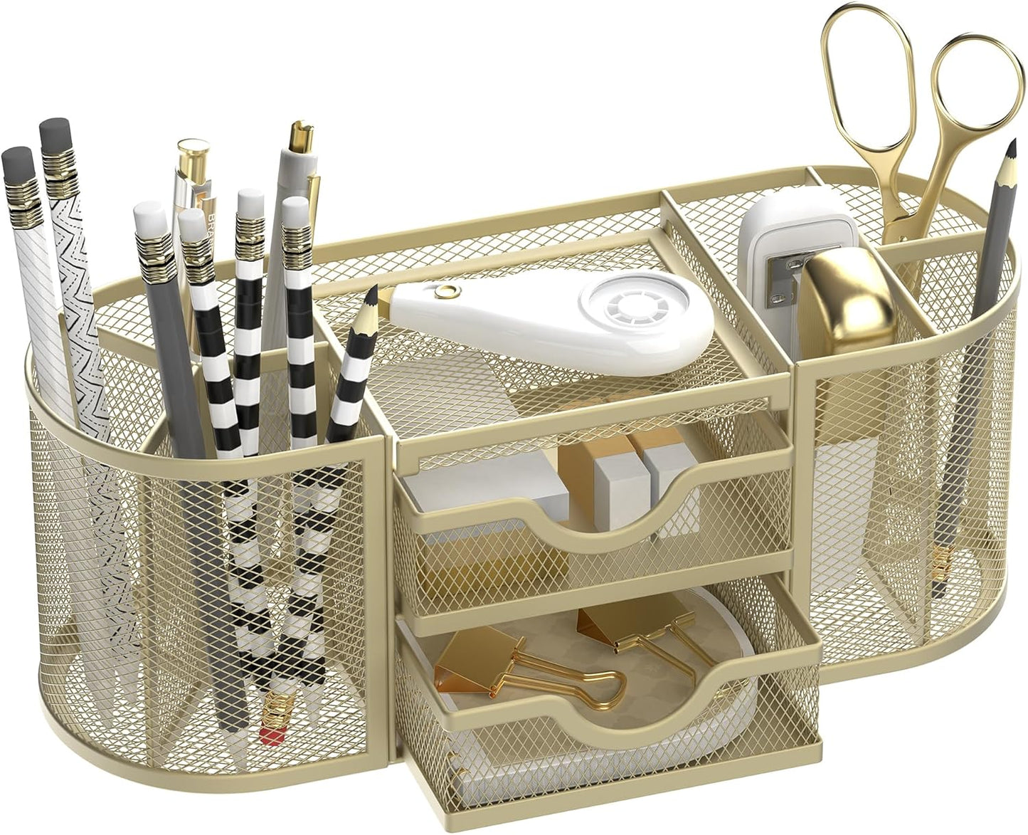 SUPEASY Mesh Desk Organizer, Desk Organizers and Accessories, Pen Holder with Drawers, Pencil Holder for Desk with 2 Drawer for Office Supplies, Golden yellow