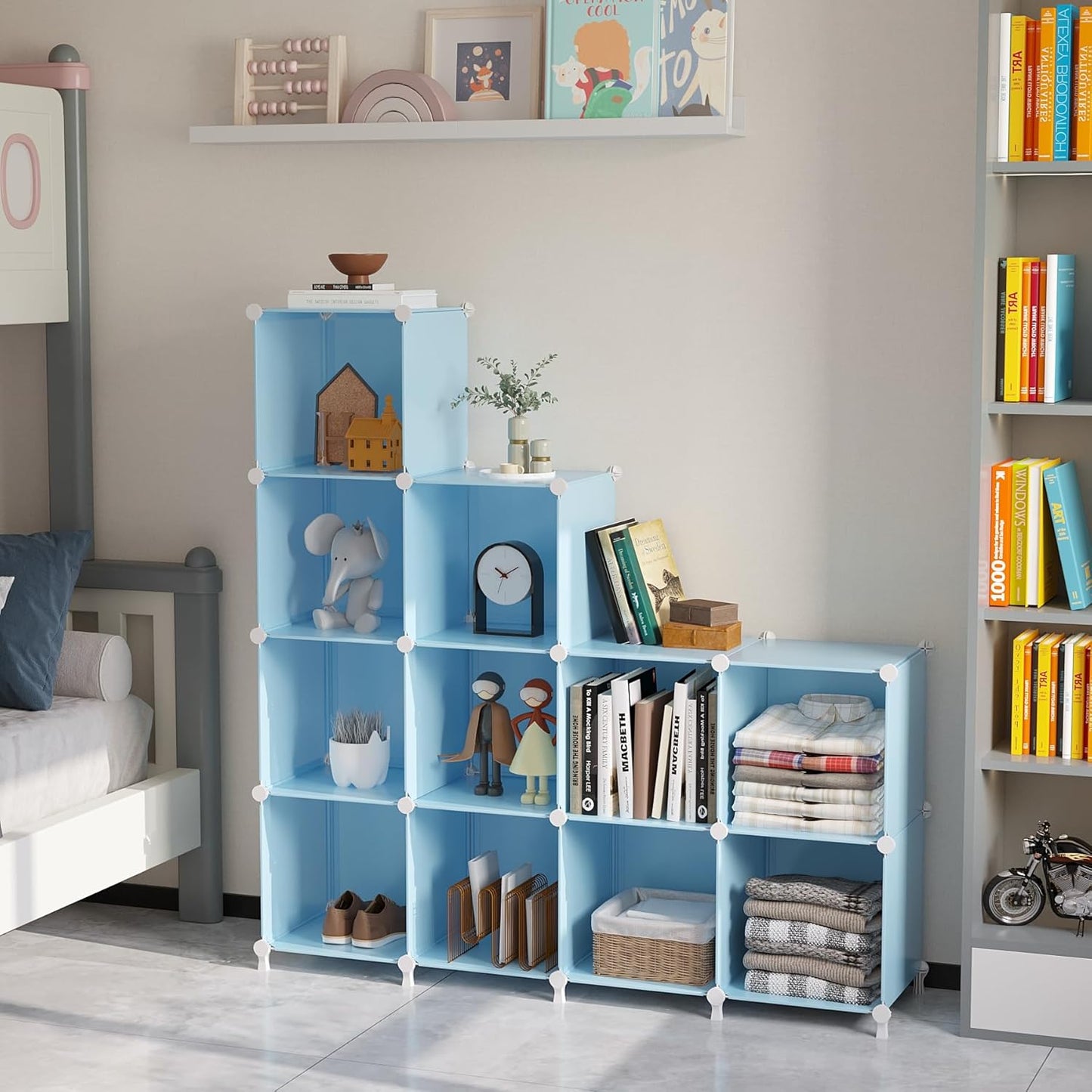 AWTATOS Cube Storage Organizer Protable Closet Organizers and Storage for Kids DIY Stackable 12 Cube Storage Shelves Clothes Organizer for Bedroom, Home, Blue