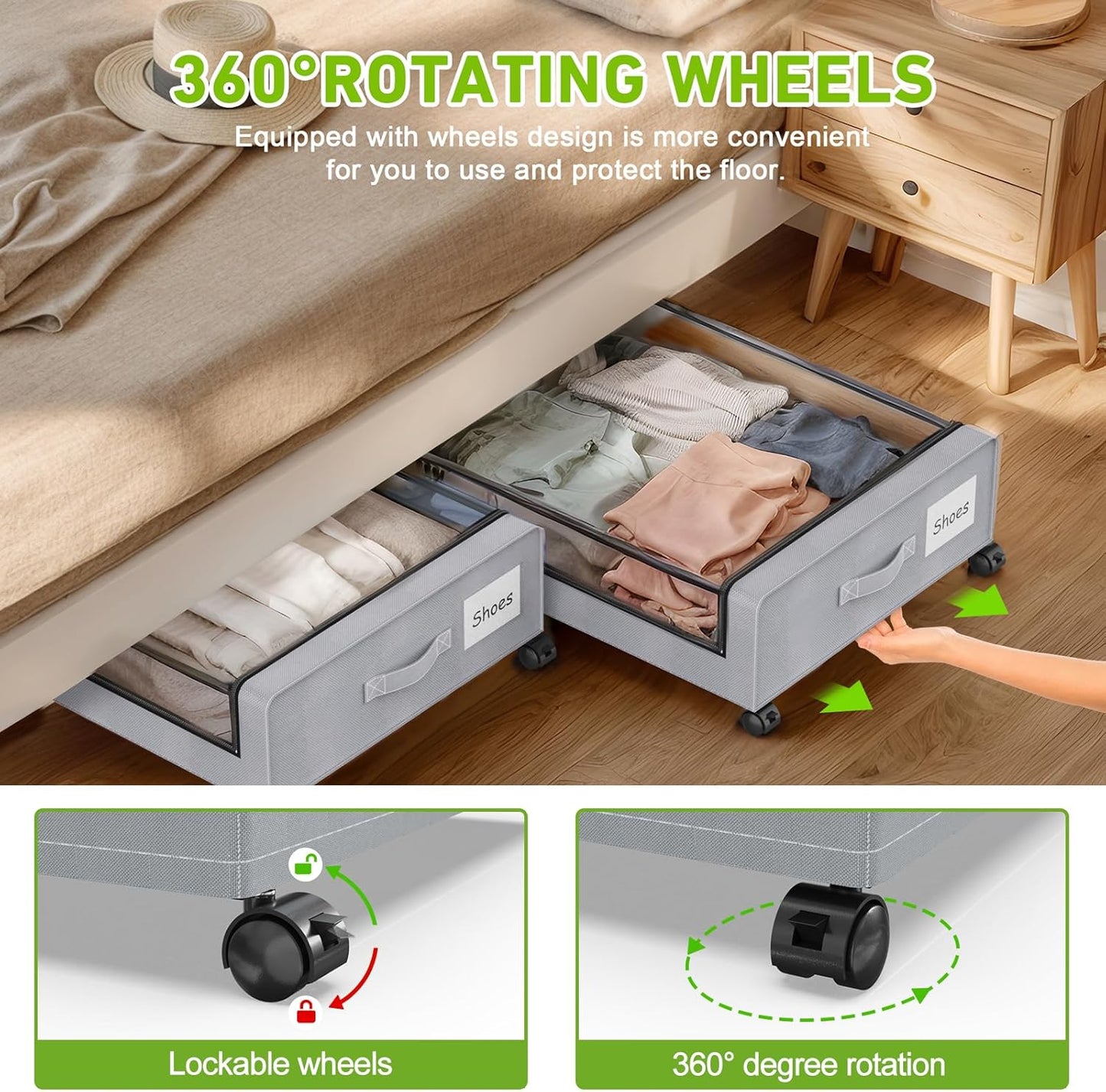 Under Bed Storage with Wheels, 4-Pack Underbed Storage Containers with Clear Lids, Under Bed Shoe Storage Organizer, Rolling Under Bed Storage for Clothes Shoes Blankets (Grey)
