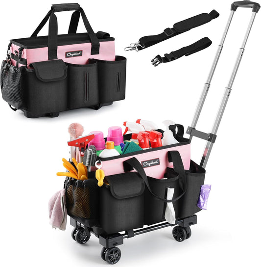 Rolling Cleaning Caddy, Cleaning Supplies Organizer with Trolley, Wearable Cleaning Tote Bag on Wheels with Hard Bottom, Cleaning Carts for Housekeepers/Home/Car/Office/Picnic (Pink)
