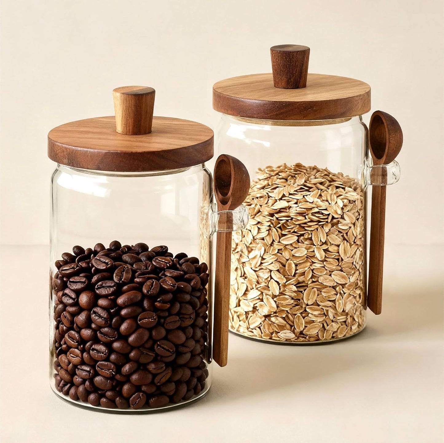 Glass Food Storage Jar with Acacia Wooden Lid and Spoon, Airtight Container for Cereals, Cookies, Snacks, Kitchen Canister Set (2 Pcs, Large/25oz)