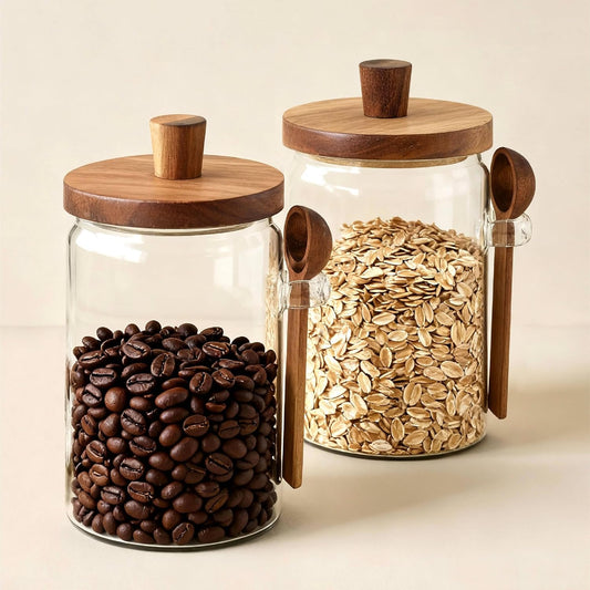 Glass Food Storage Jar with Acacia Wooden Lid and Spoon, Airtight Container for Cereals, Cookies, Snacks, Kitchen Canister Set (2 Pcs, Large/25oz)