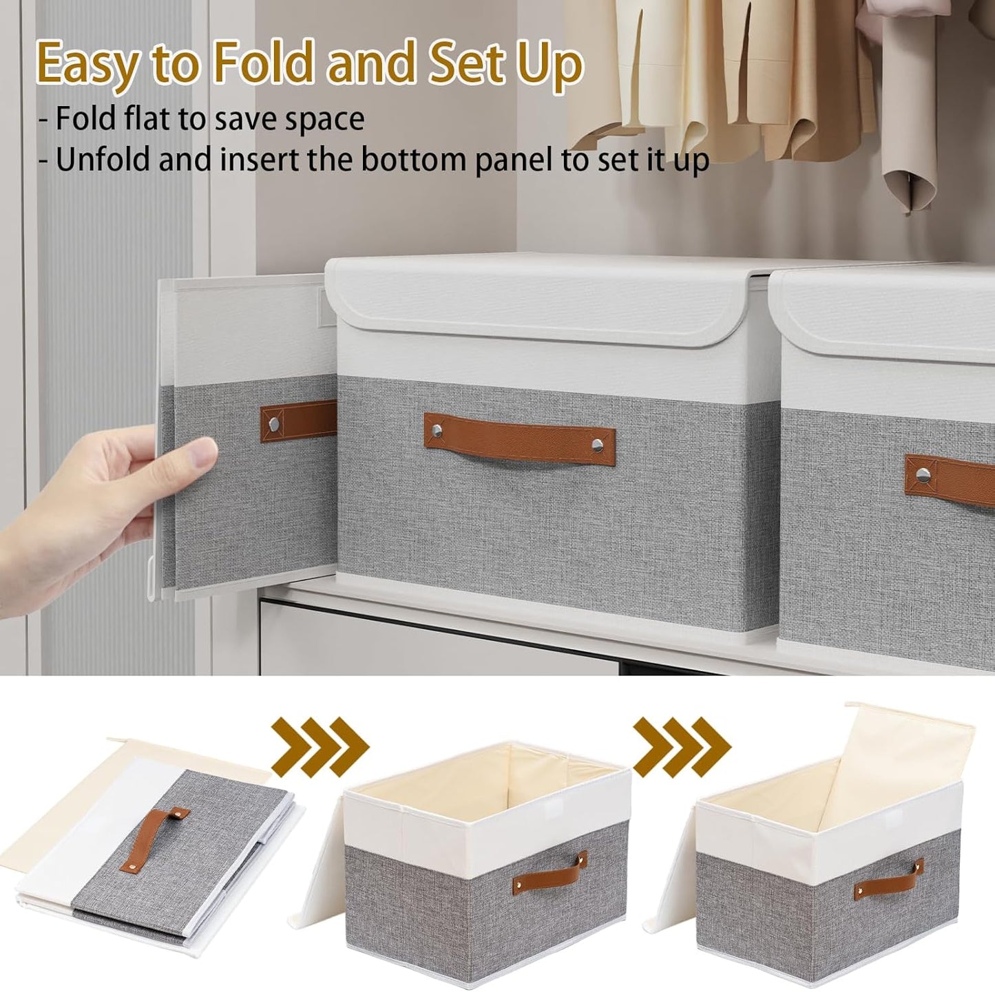 Yawinhe Storage Boxes with Lids, Linen Fabric Bin, Cube Organizer Basket, Washable and Leather Handle, for Home, Closet, White/Grey, 15.0''Lx9.8''Wx9.8''H, 5-Pack, USNK024WGL-5