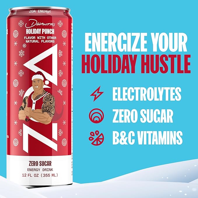 ZOA Zero Sugar Energy Drinks, Dwanta's Holiday Punch - Sugar Free with Electrolytes, Healthy Vitamin C, Amino Acids, Essential B-Vitamins, and Caffeine from Green Tea - 12 Fl Oz (12-Pack)