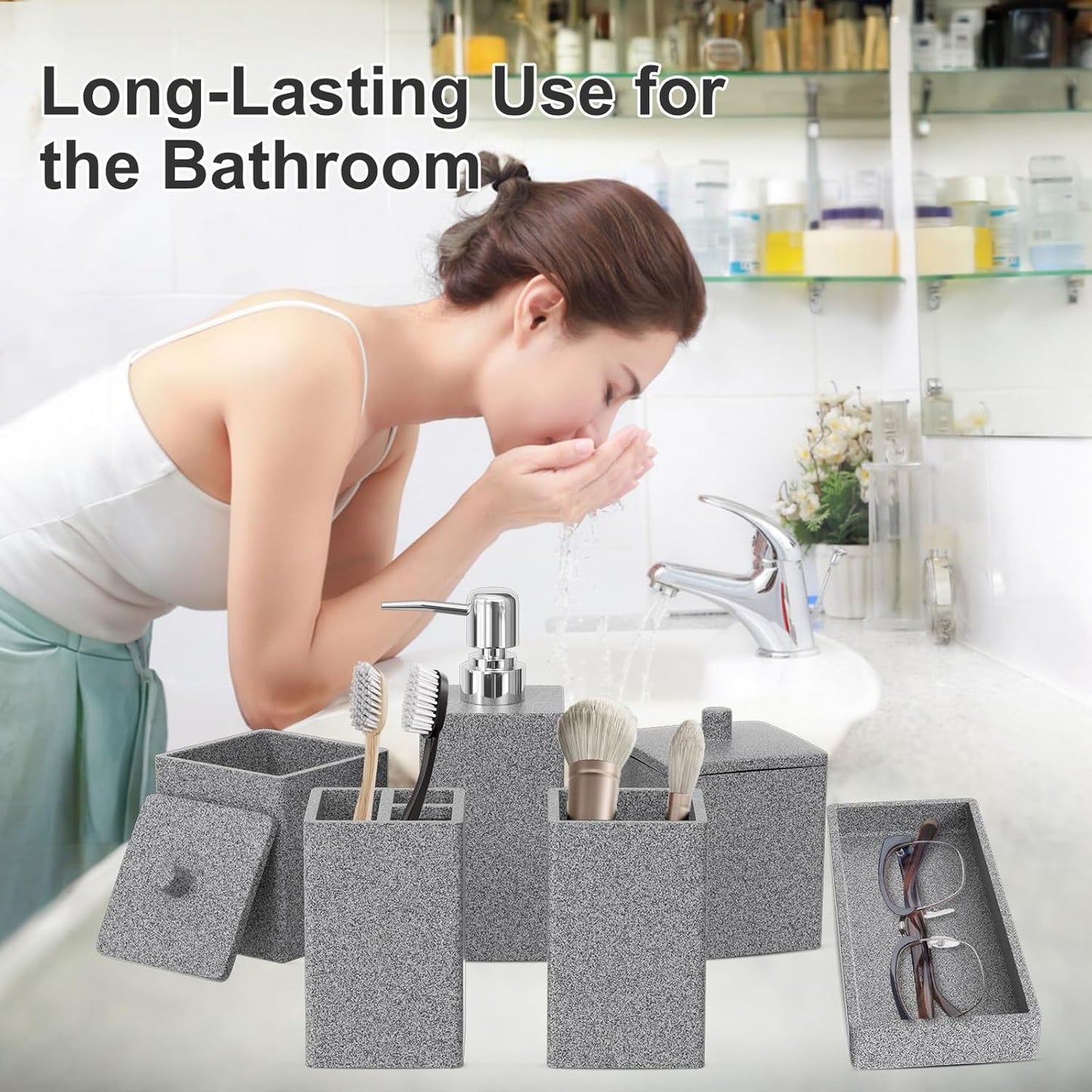 Gray Bathroom Accessories Set Resin 6PCS, Square Toothbrush Holders Set Complete with Soap Dispenser, Vanity Tray, Tumbler, Cups and Cotton Swab Jars for Counter, Sink or Small Spaces