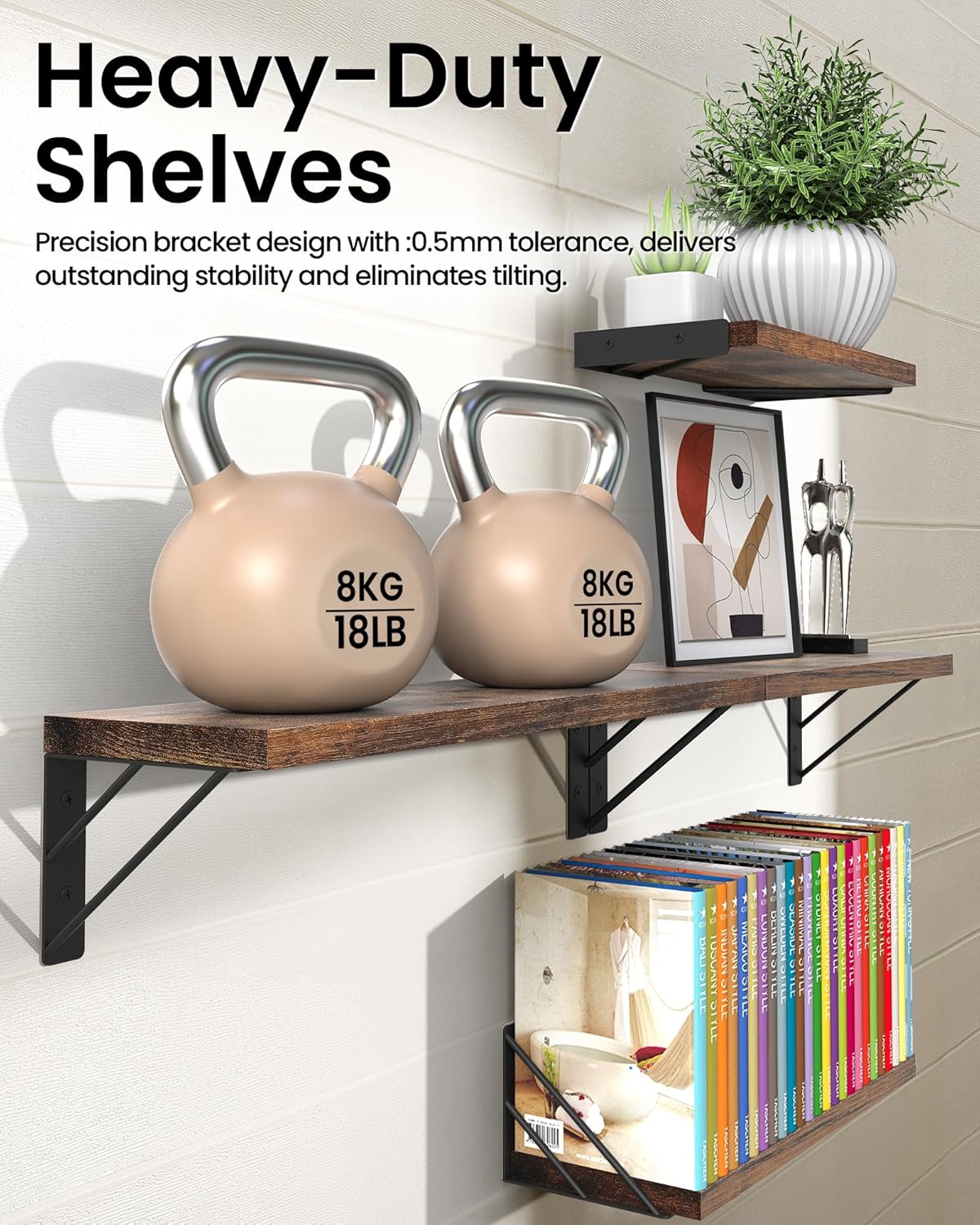 BAYKA Wall Shelves for Bedroom Decor, Floating Shelves for Wall Living Room Kitchen Storage, Mounted Rustic Wood Floating Shelves for Kids Books, Corner Shelf for Bathroom(Rustic Brown，Set of 4)