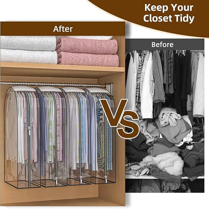 Upgraded Thickened Clear Garment Bags for Hanging Clothes 4 Packs, 10“ Gusseted Clothes Hanging Storage Bags for Closet, Shirts, Coats, Dresses (50 inch)