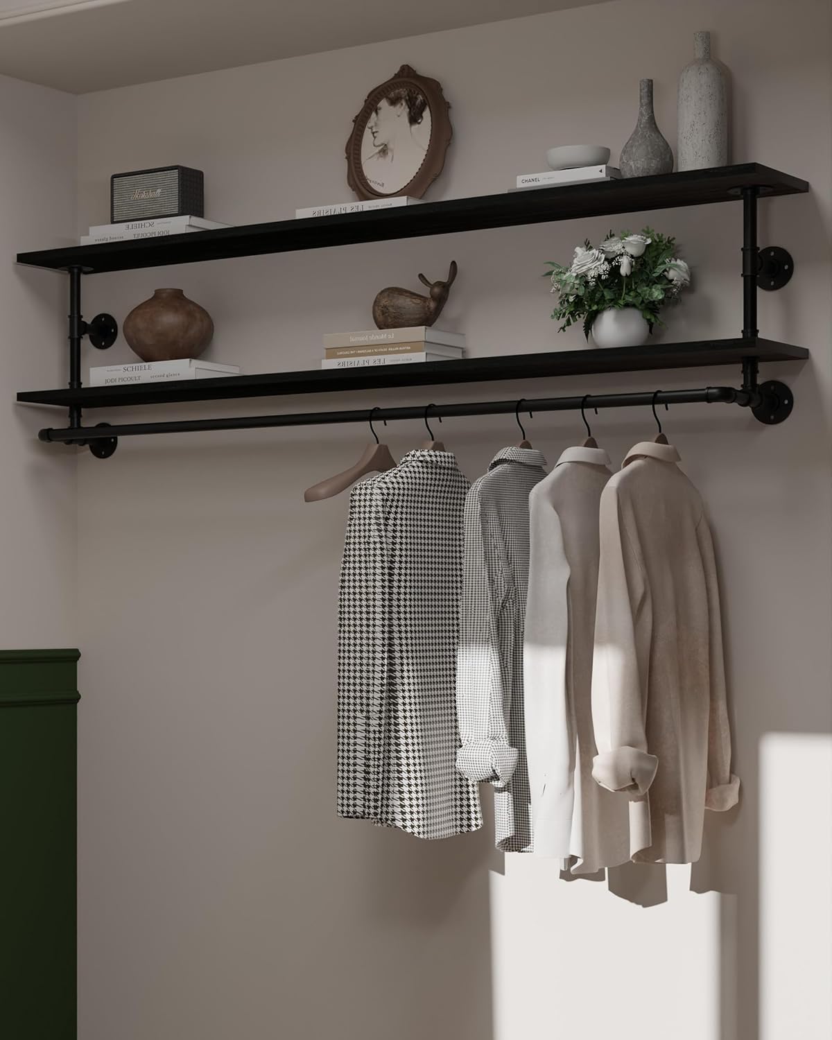 Black Clothes Rack 70in, 2-Tier Wall Mounted Garment Rack with Real Wood Shelf, Heavy Duty Hanging Clothes Rack, Multi-Purpose Hanging Rod, Space-Saving Closet Storage