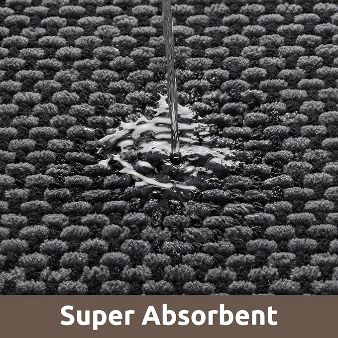 AMOAMI Chenille Bath Mat Super Absorbent Bathroom Mat Quick Dry Bath Mats for Bathroom Rubber Backed Bathroom Rugs Non Slip Washable Fit Under Door, Front of Bathtub, Sink, Darkgrey&Black 17"x24"