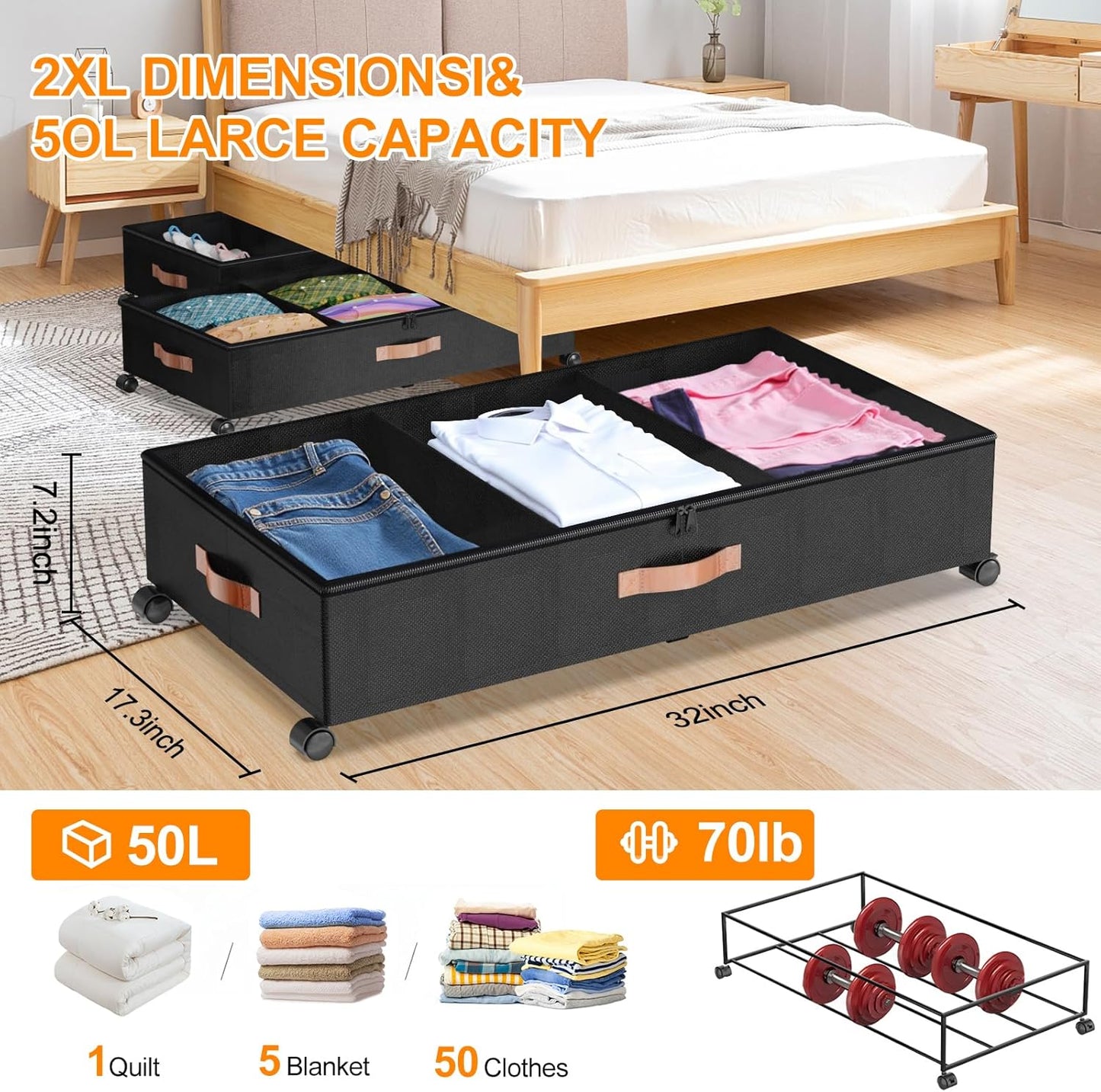 Under Bed Storage with Wheels, 1 Pack Under Bed Storage Container with Dividers & Clear Lids, Under the bed storage Organizer Bins,Underbed Storage with Wheels for Clothes,Toys,Shoes (Black, 1 Pack)