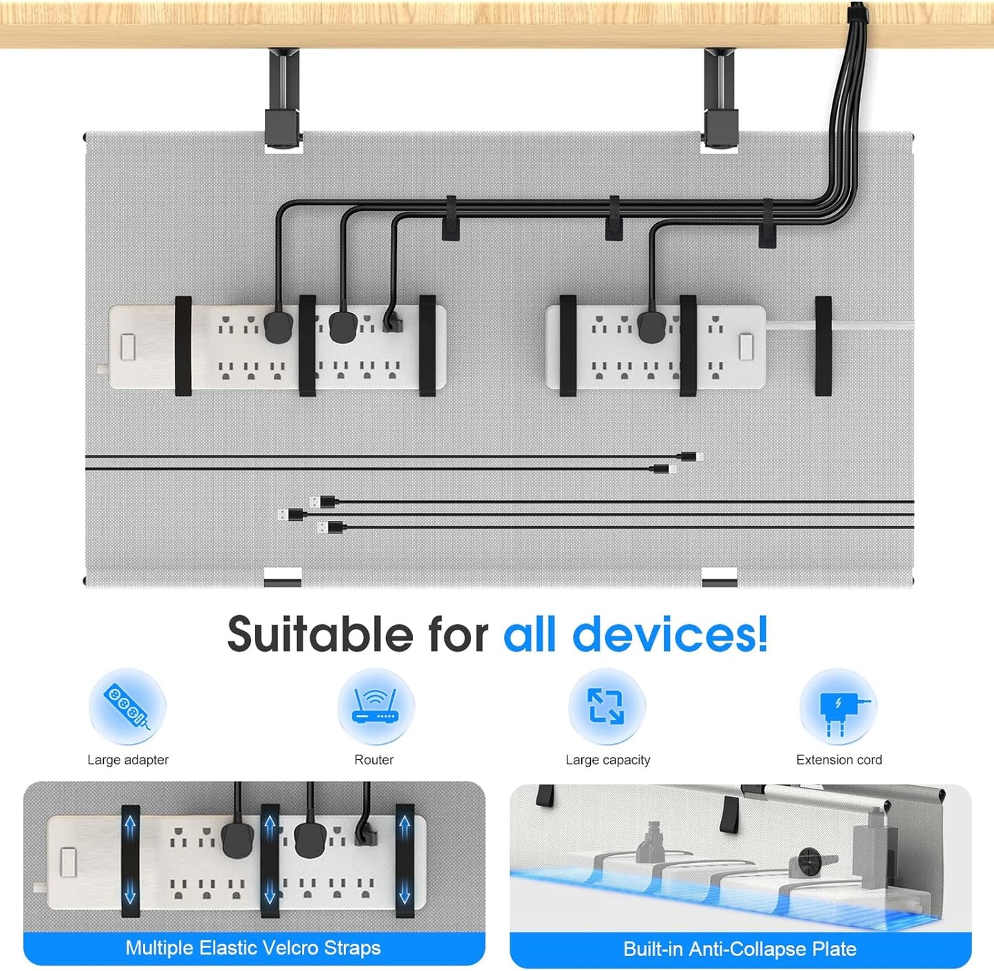 Under Desk Cable Management Tray, 30-inch No-Drill Cord Organizer with Anti-Sag Reinforced Base, Fabric Wire Management Hider for Standing Desk, Office & Gaming Accessories - Grey