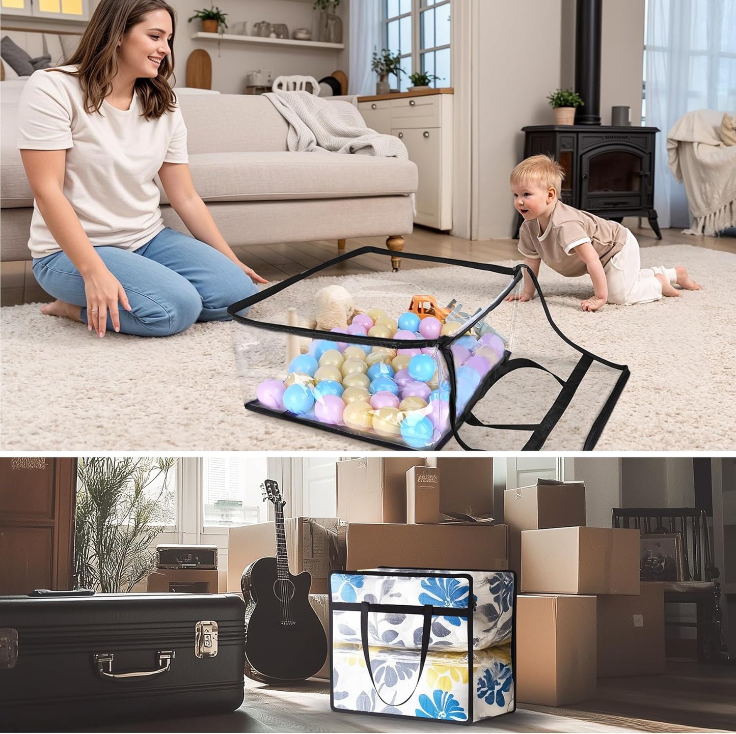 Budding Joy 6 Pack Clear Zippered Storage Bags for Clothes,40L Closet Organizers and Storage Containers Vinyl Moving Bag for Bedding, Linen, Blankets, Comforters, Clothing & Toys, Black