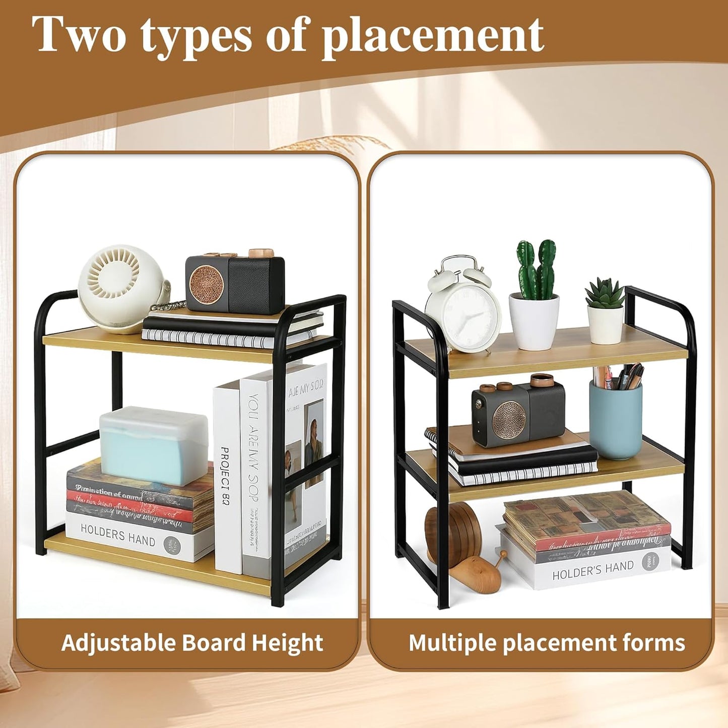 Desktop Shelf Organizer, 2-Tier Office Desk Shelf for Top of Desk, Wood & Metal Bookshelf Supplies Storage Rack (Black&Walnut)