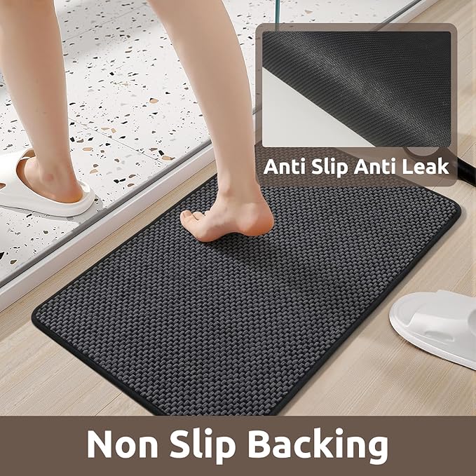 AMOAMI Chenille Bath Mat Super Absorbent Bathroom Mat Quick Dry Bath Mats for Bathroom Rubber Backed Bathroom Rugs Non Slip Washable Fit Under Door, Front of Bathtub, Sink, Darkgrey&Black 24"x36"