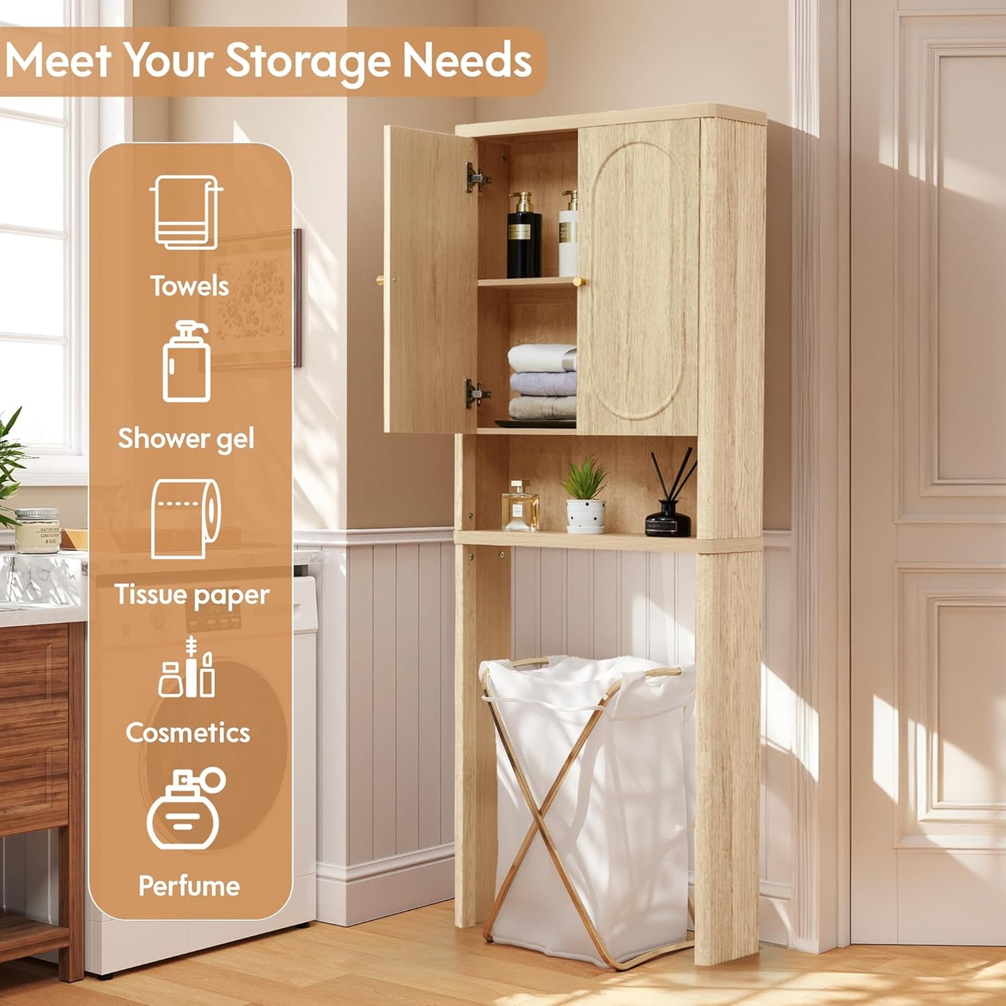 Fluted Over The Toilet Storage Cabinet, Bathroom Toilet Storage Cabinet with Door, Wood Curved Over The Toilet Space Saver Cabinets for Restroom Bathroom, Natural