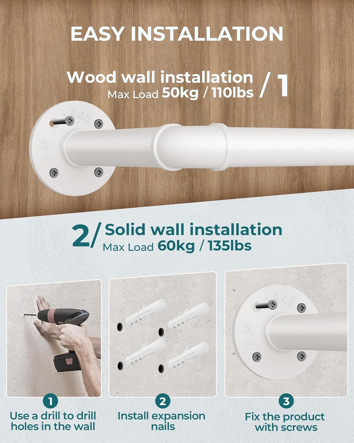 OROPY Industrial Pipe Clothes Rack Wall Mounted Set of 2, 38.4 inches Heavy Duty Iron Pipe Clothing Garment Rail, Multi-Purpose Clothing Hanging Rod for Laundry Room and Closet Storage, White