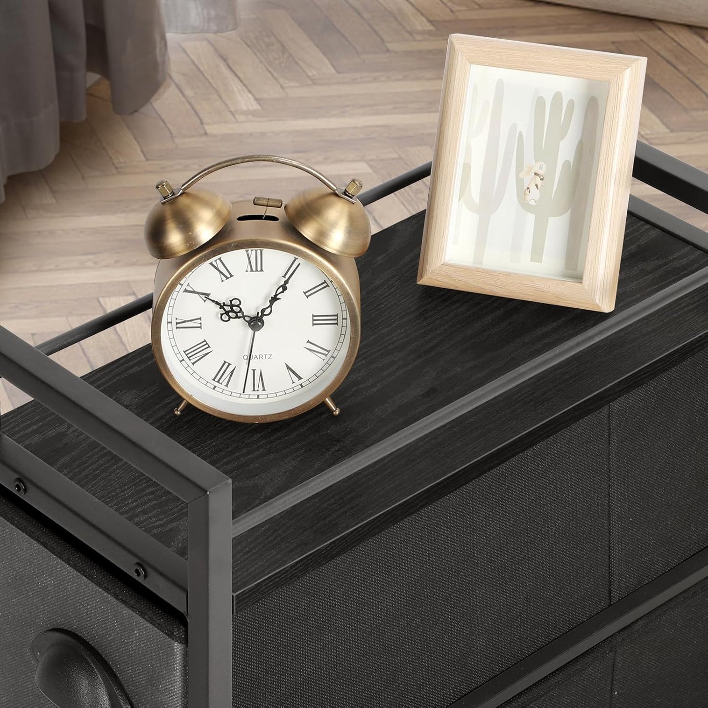 MOOACE Narrow Dresser with 4 Drawers, Dresser for Bedroom, Small Fabric Dresser Vertical Storage Tower Standing, Steel Frame & Wooden Top Chest of Drawers for Bedroom, Bathroom & Laundry, Black/Gray